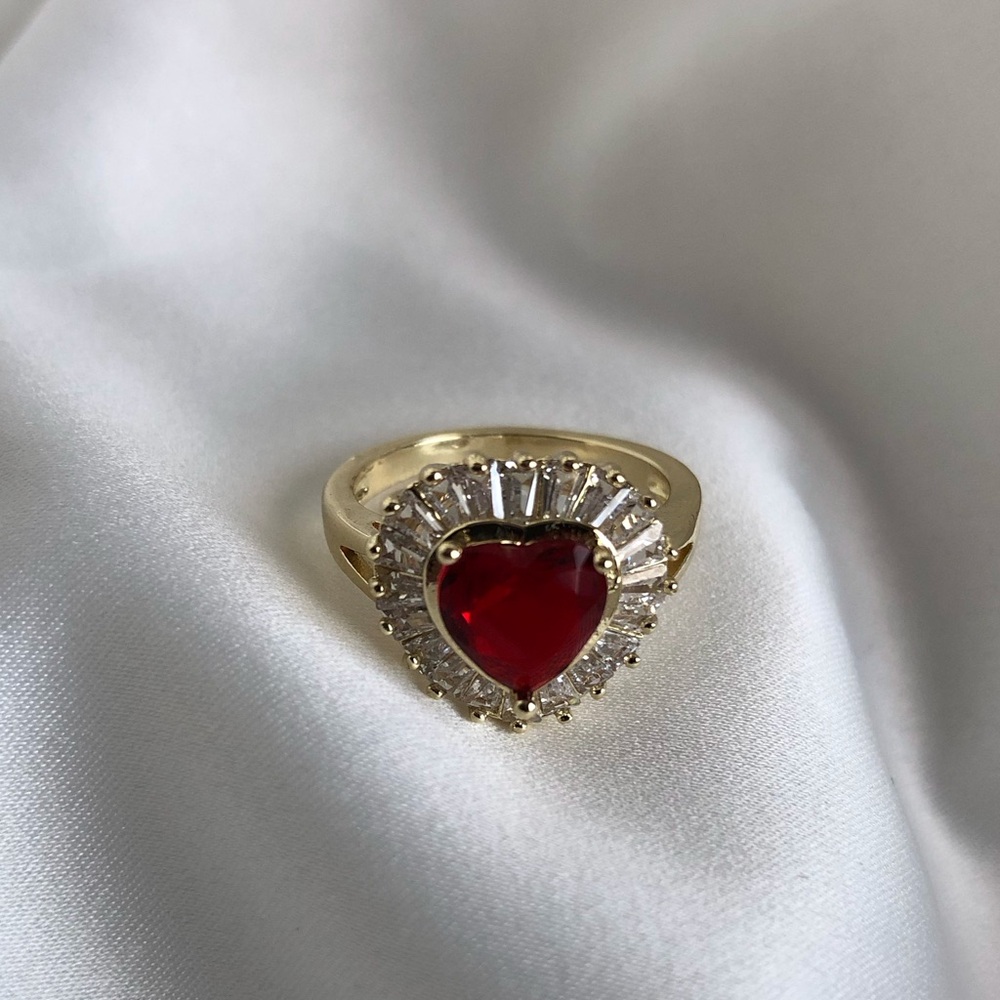 New 18K Gold-Filled Red Heart Cubic Zirconia Ring Size 7